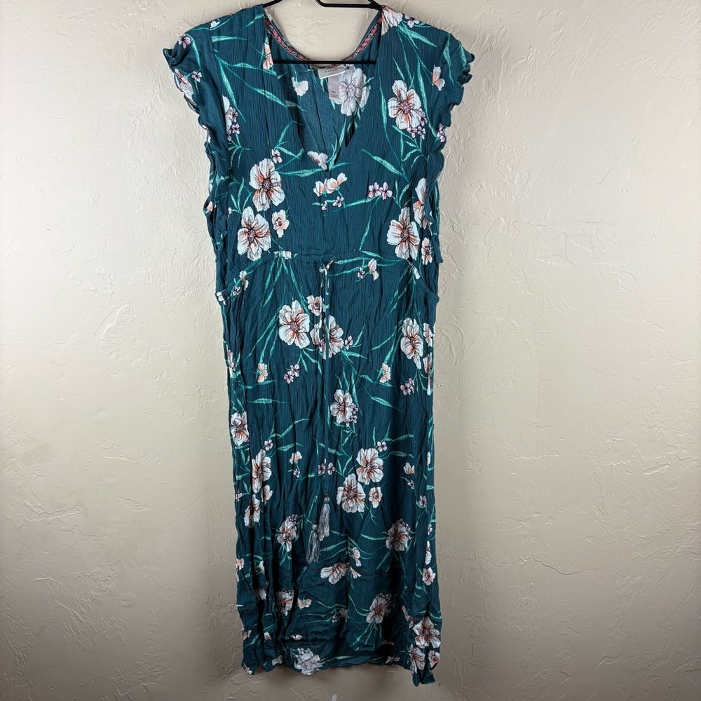 Knox Rose Teal Green Floral Midi Dress Flutter Sleeves Size XL